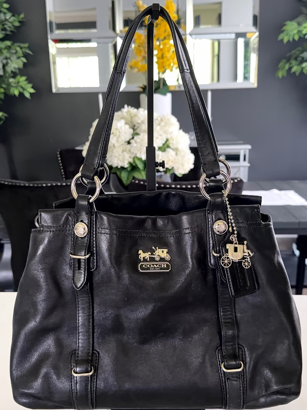 COACH Black Leather Shoulder Tote with Signature Silver Hardware - Picture 10 of 10